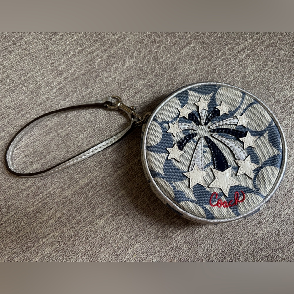 RARE Coach Fireworks Coin Purse #61785 Round w/ Zipper & Strap Sig Fabric